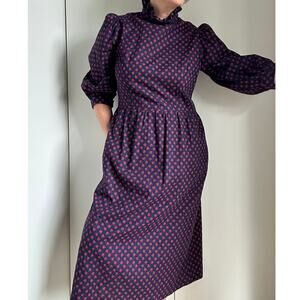 Vintage 80s Handmade Midi Dress Prairie Cottagecore Size M 8-10 Blue Red